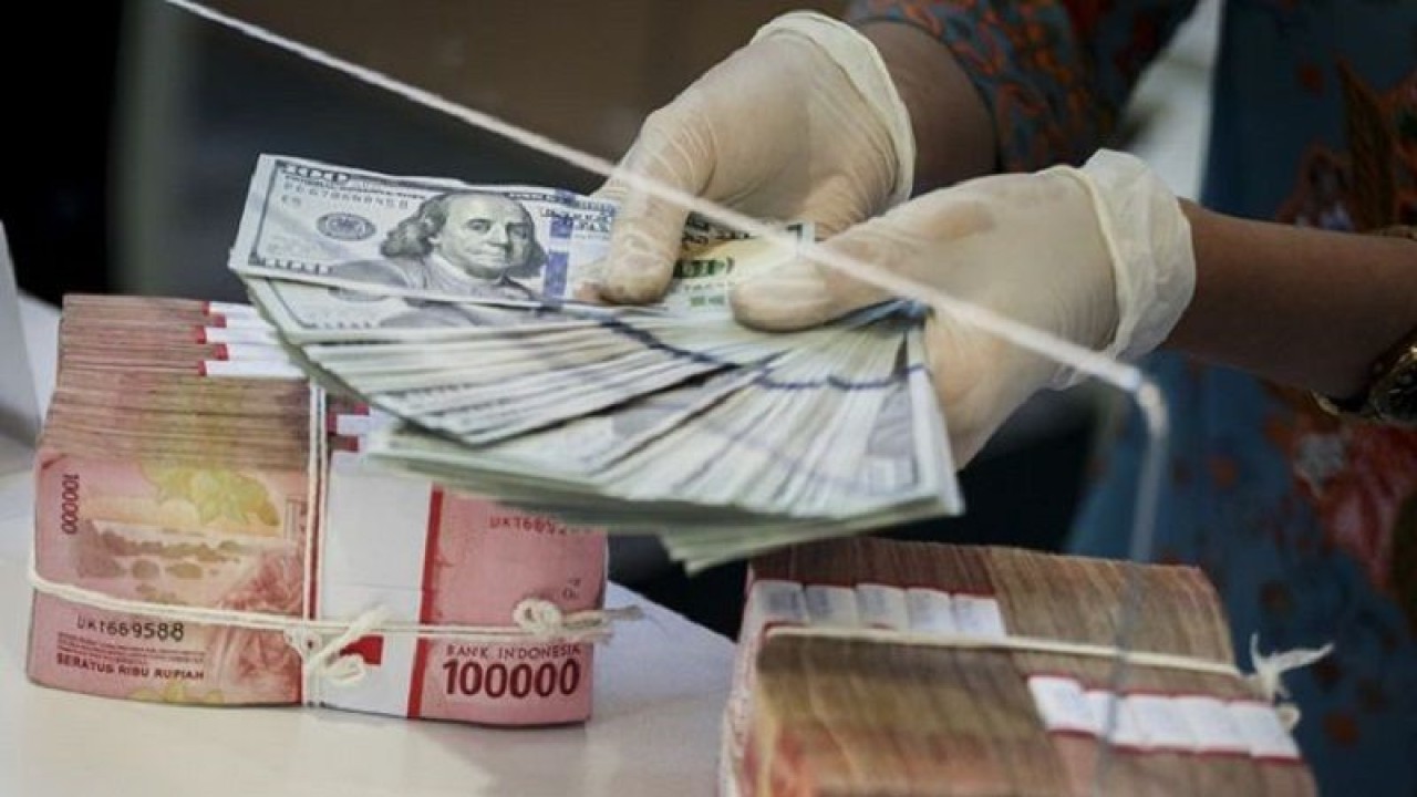 Petugas menghitung uang dolar AS di BNI KC Mega Kuningan, Jakarta, Kamis (21/7/2022). ANTARA FOTO/Rivan Awal Lingga/tom/pri.