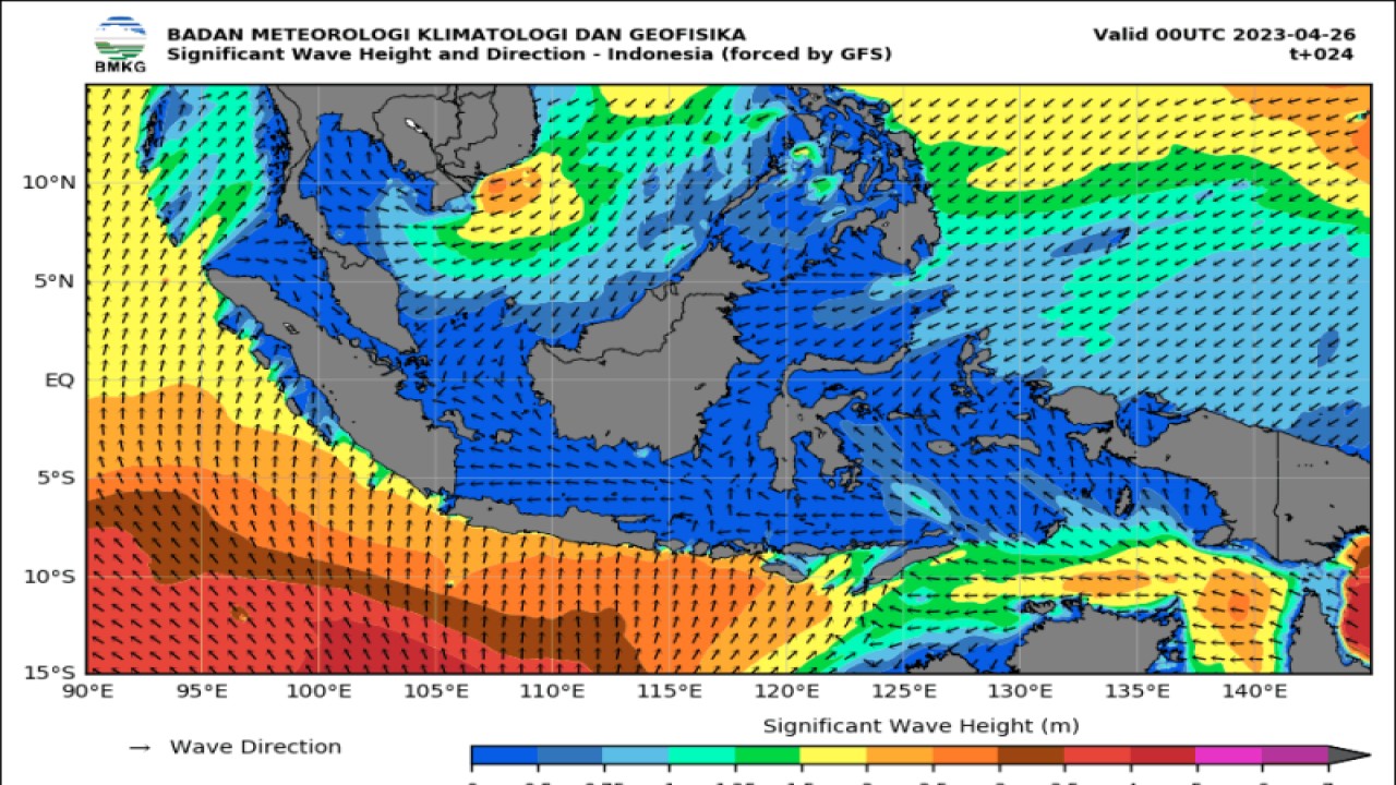 Peta potensi gelombang tinggi pada 26-27 April 2023 yang dirilis Badan Meteorologi Klimatologi, dan Geofisika (BMKG) pada Rabu (26/4/2023). (ANTARA/HO-BMKG)
