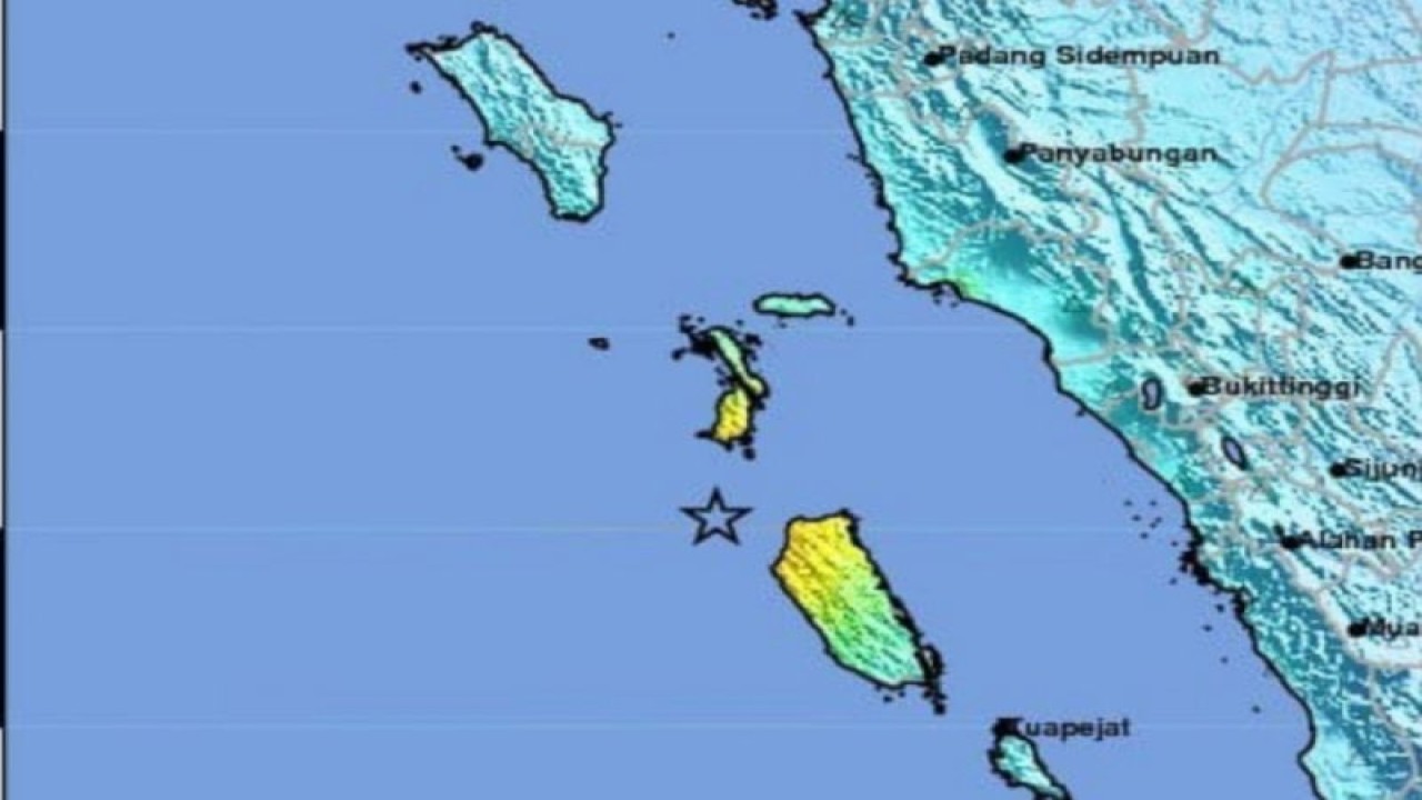 Peta guncangan gempa bumi magnitudo 7,3 yang diperbarui menjadi magnitudo 6,9 di Mentawai Sumatera Barat pada Selasa (25/4/2023) dini hari. (ANTARA/HO-BMKG)