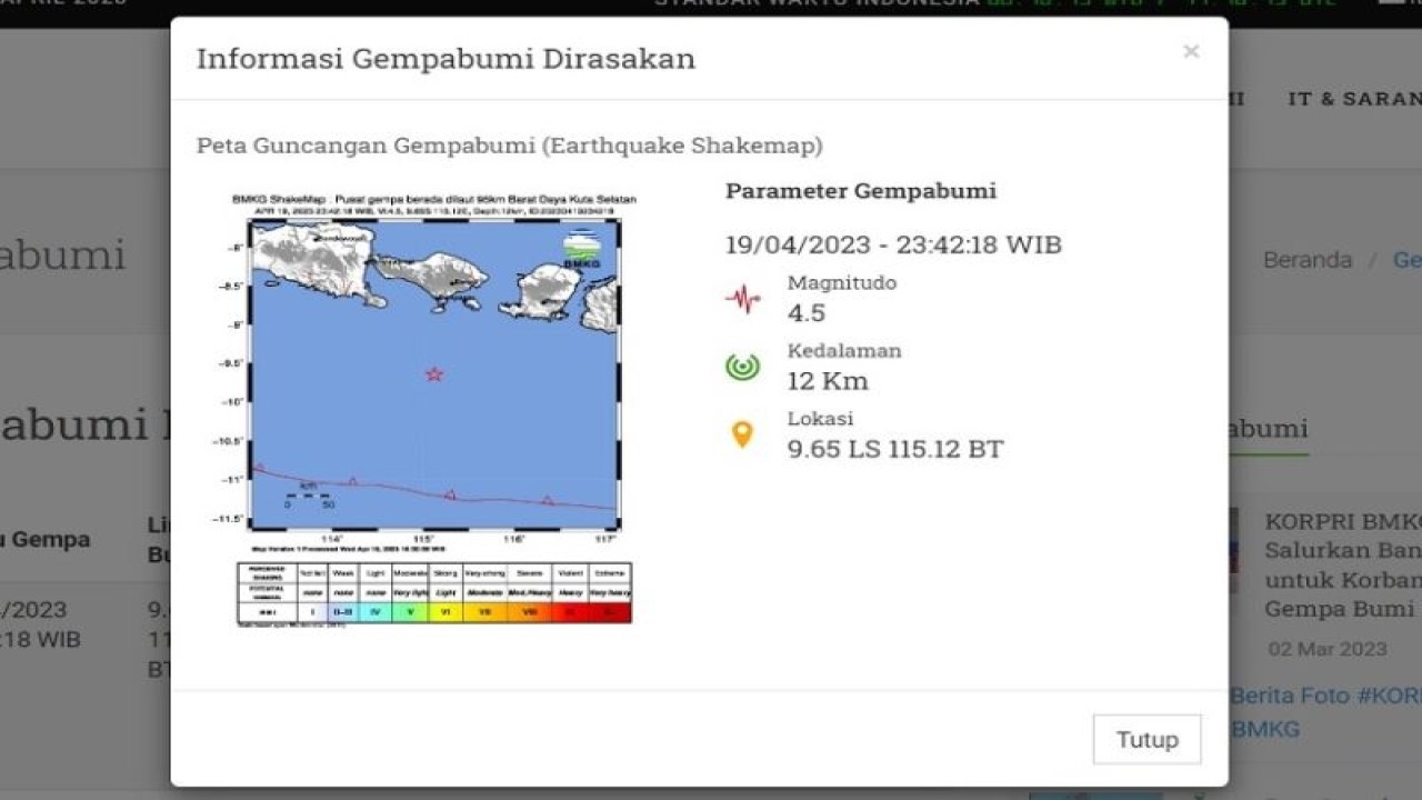 Tangkapan layar Peta gempa bumi berkekuatan magnitudo 4,5 yang mengguncang Kuta Selatan, Bali, pada Rabu (19/4/2023) malam. (ANTARA/Gilang Galiartha)