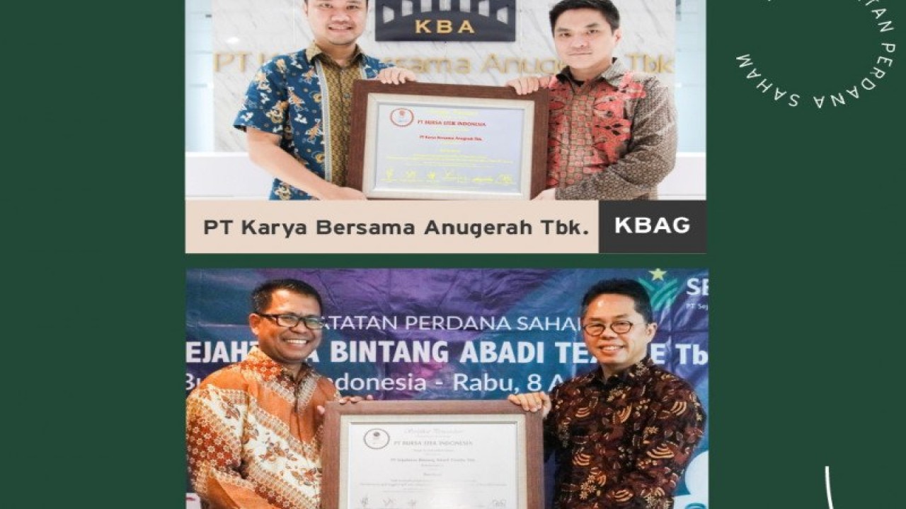 Direksi perusahaan real estate PT Karya Bersama Anugerah Tbk dan direksi perusahaan penghasil benang hasil daur ulang bahan tekstil PT Sejahtera Bintang Abadi Textile Tbk membuka perdagangan di bursa sekaligus meresmikan pencatatan saham perdana di Bursa Efek Indonesia (BEI), Jakarta, Rabu.  (ANTARA/HO-BEI)