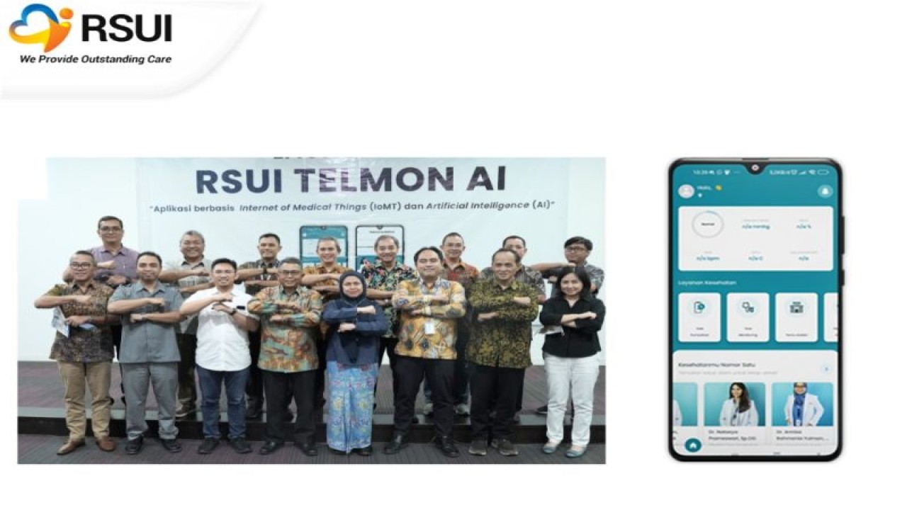 Pejabat rumah sakit berfoto bersama pada acara peluncuran platform layanan telemedicine RSUI Telmon AI. (ANTARA/HO Humas RSUI)