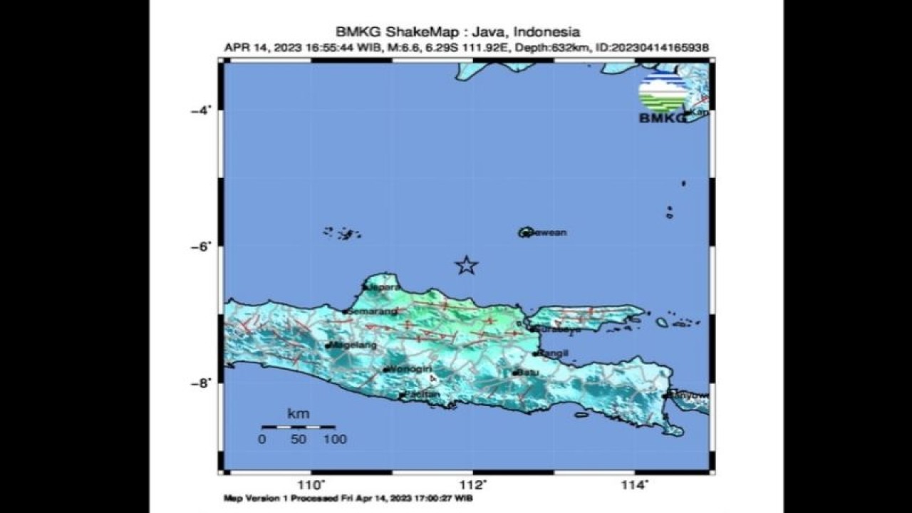 Peta pusat gempa berkekuatan magnitudo 6,6 di laut Jawa pukul 16.55 WIB, Jumat (14/4/2023). (ANTARA/HO-BMKG)