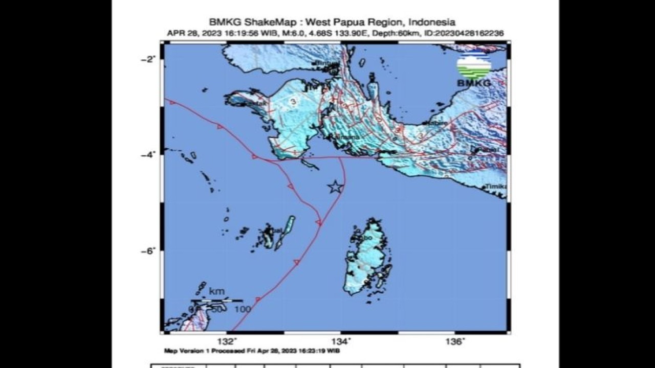 Peta pusat gempa berlokasi di laut wilayah Papua Barat pukul 16.19 WIB, Jumat (28/4/2023). (ANTARA/HO-BMKG)