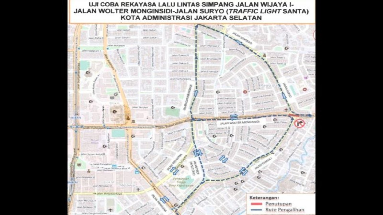 Bagan rekayasa lalu lintas di Simpang Jalan Wijaya 1, Jalan Wolter Monginsidi, Jalan Suryo (Lampu Lalin Santa) Kota Jakarta Selatan yang dibagikan di Jakarta, Rabu (5/4/2023). ANTARA/HO-Dishub DKI Jakarta