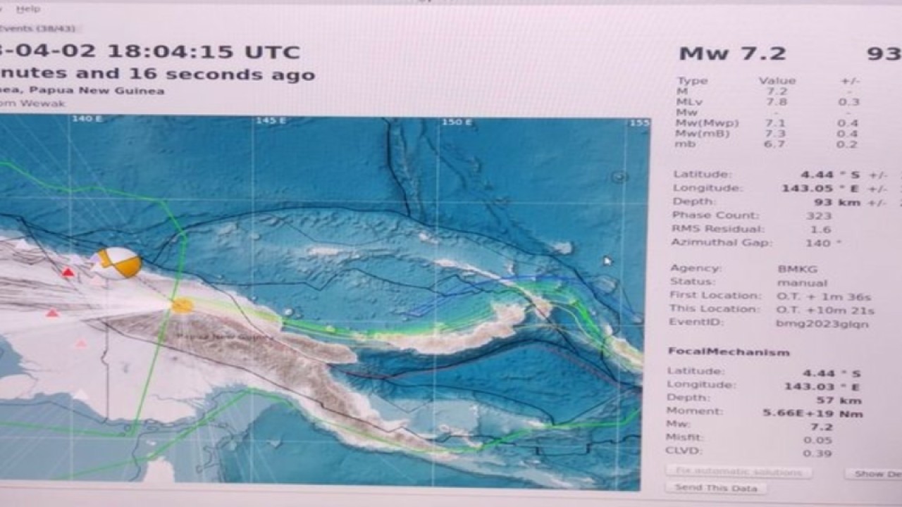 Titik pusat gempa Papua Nugini, Senin (3/4/2023). (ANTARA/HO-BMKG)