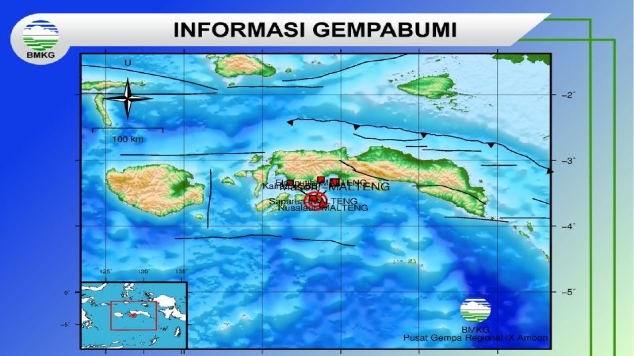 Badan Meteorologi Klimatologi dan Geofisika (BMKG) mencatat gempa bumi dengan magnitudo 5,3 mengguncang bagian tenggara Pulau Saparua Maluku Tengah yang dirasakan hingga Kota Ambon. ANTARA/ Ho- BMKG.
