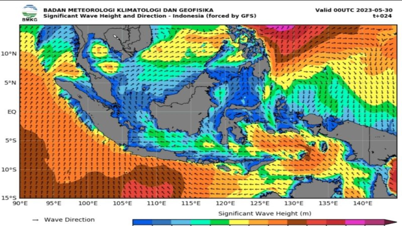 Peta potensi gelombang tinggi yang dirilis Badan Meteorologi Klimatologi, dan Geofisika (BMKG) pada Selasa (30/5/2023). (FOTO ANTARA/HO-BMKG)