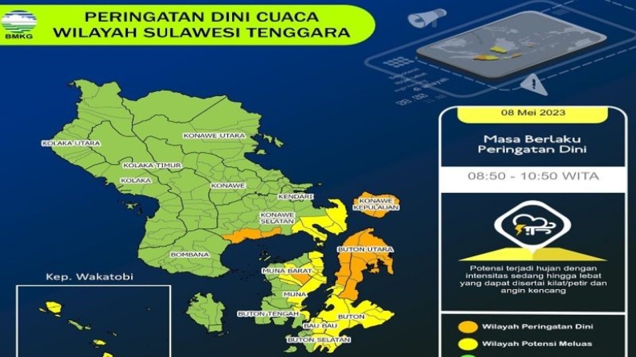 Badan Meteorologi, Klimatologi, dan Geofisika (BMKG) Kendari memprediksi masih akan terjadi hujan sedang hingga lebat di sejumlah wilayah kabupaten/kota di Sulawesi Tenggara (Sultra) dengan intensitas yang berbeda-beda. (Foto ANTARA/HO-BMKG Kendari)