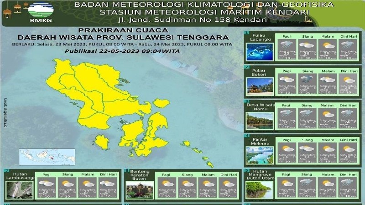 BMKG Kendari memprediksi kondisi cuaca di sejumlah wilayah kabupaten/kota di Sulawesi Tenggara (Sultra) umumnya cerah berawan, walau ada beberapa wilayah  yang diperkirakan akan hujan ringan. (Foto ANTARA/HO-BMKG Kendari)