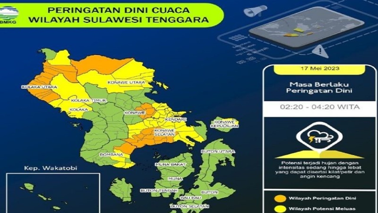 BMKG Kendari memperkirakan masih akan terjadi hujan ringan di sejumlah wilayah kabupaten kepulauan maupun wilayah daratan Sulawesi Tenggara dengan intensitas yang berbeda-beda. (Foto ANTARA-BMKG Kendari)