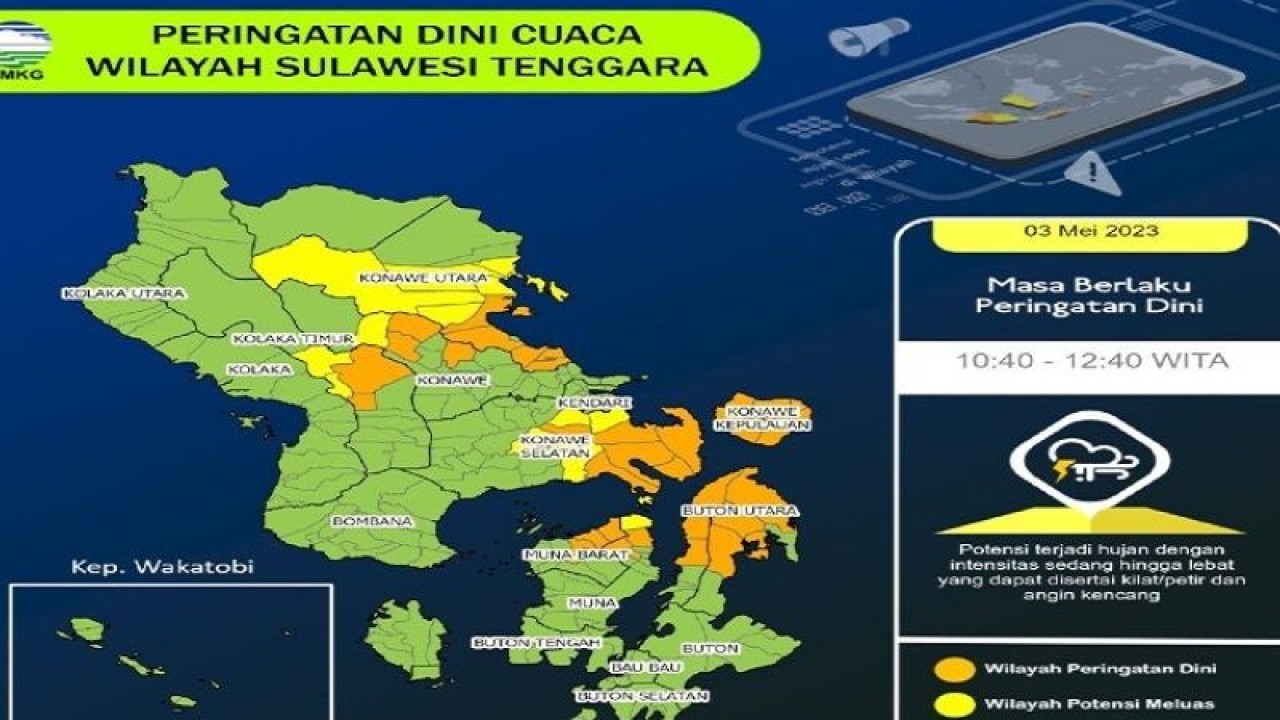Badan Meteorologi, Klimatologi, dan Geofisika (BMKG) memperkirakan Hampir seluruh wilayah Sulawesi Tenggara pada siang hingga sore hari berpotensi alami hujan sedang. (Foto ANTARA/HO-BMKG Kendari)