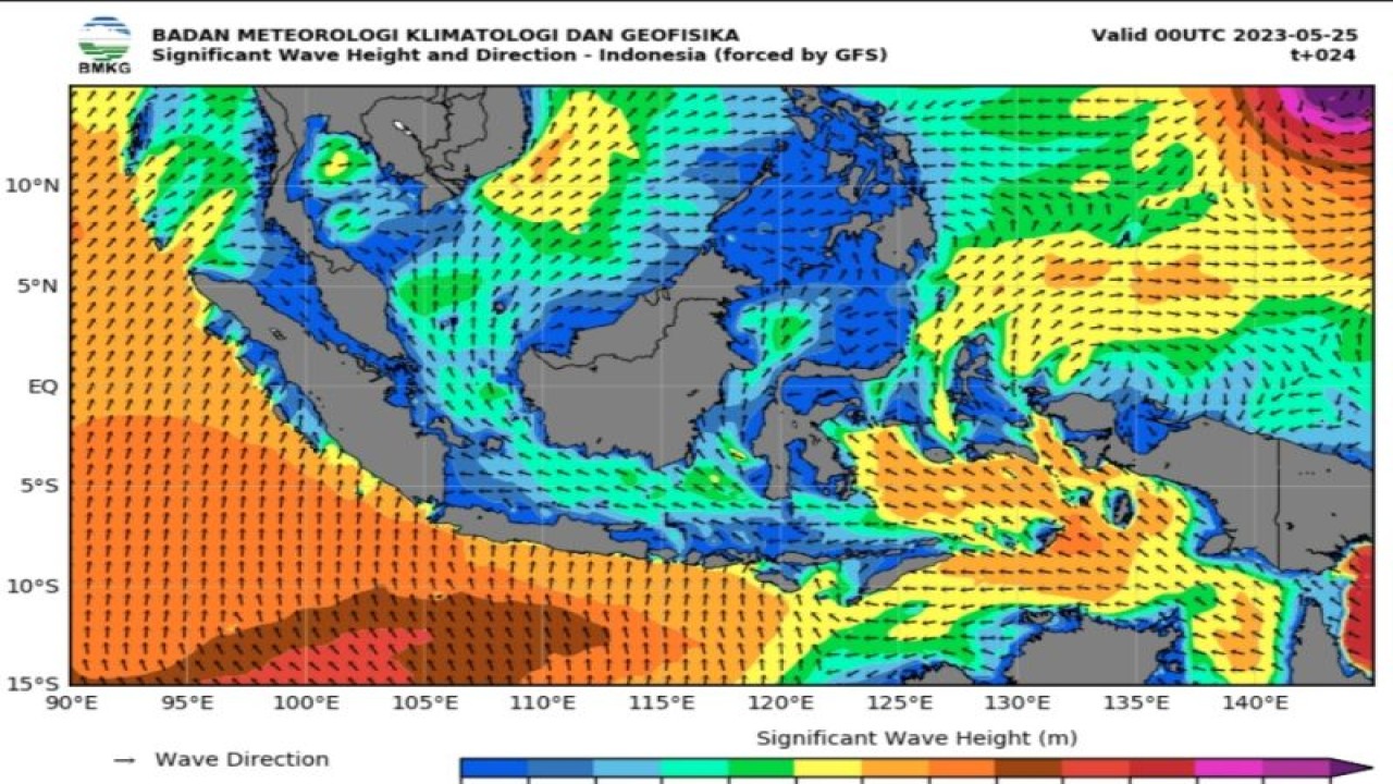 Peta potensi gelombang tinggi yang dirilis Badan Meteorologi Klimatologi, dan Geofisika (BMKG) pada Kamis (25/5/2023). (ANTARA/HO-BMKG)