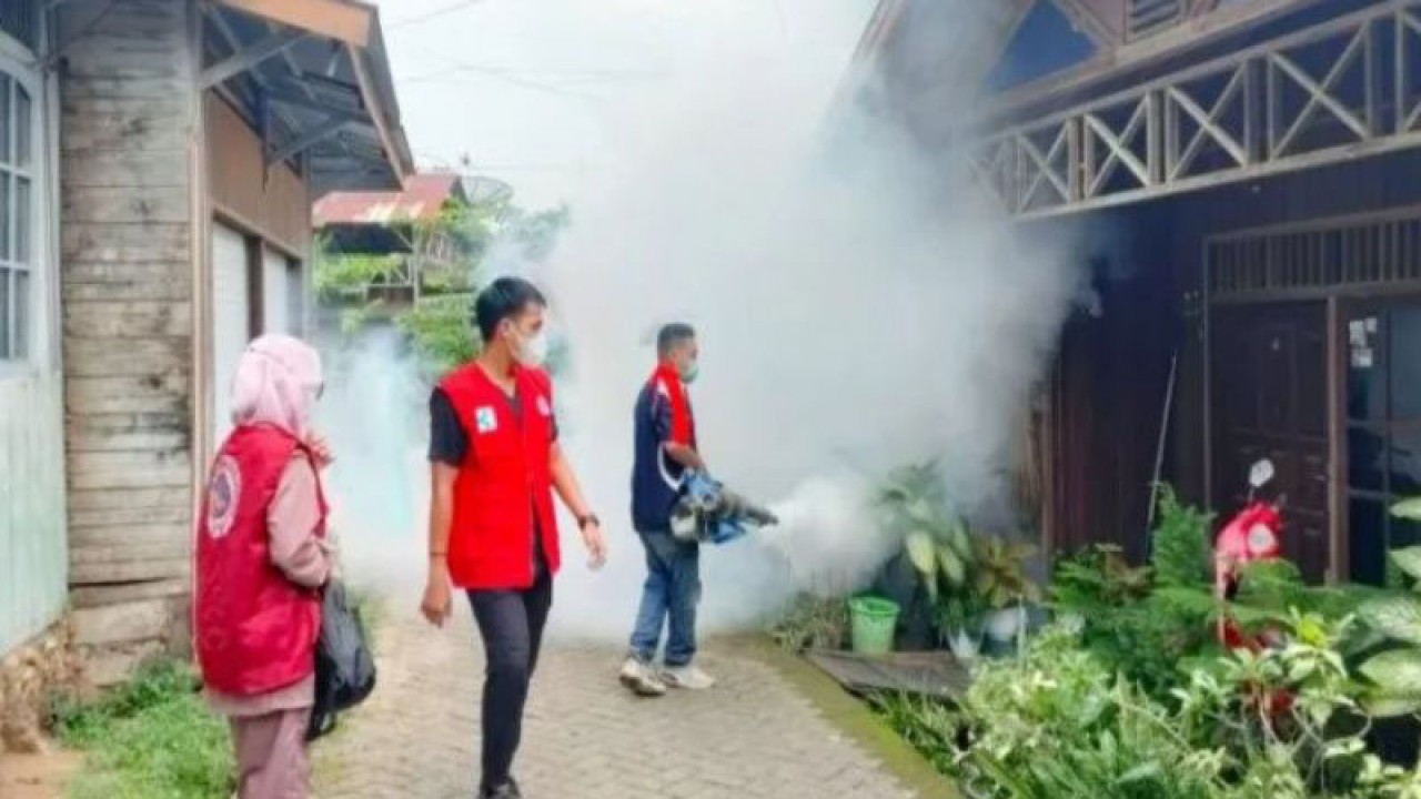 Petugas sedang melakukan pengasapan di pemukiman warga guna mencegah DBD. (ANTARA/Ragil Darmawan)