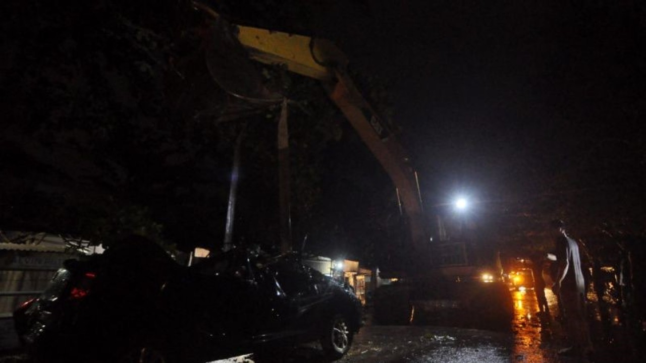 Mobil dua warga Kota Bengkulu yaitu AM (23) dan SM yang merupakan ibu dan anak meninggal dunia setelah kendaraan roda empat miliknya tertimpa pohon saat angin kencang di kawasan Danau Dendam Tak Sudah, Senin (8/5) 2023. saat dievakuasi menggunakan alat berat. FOTO ANTARA/Anggi Mayasari