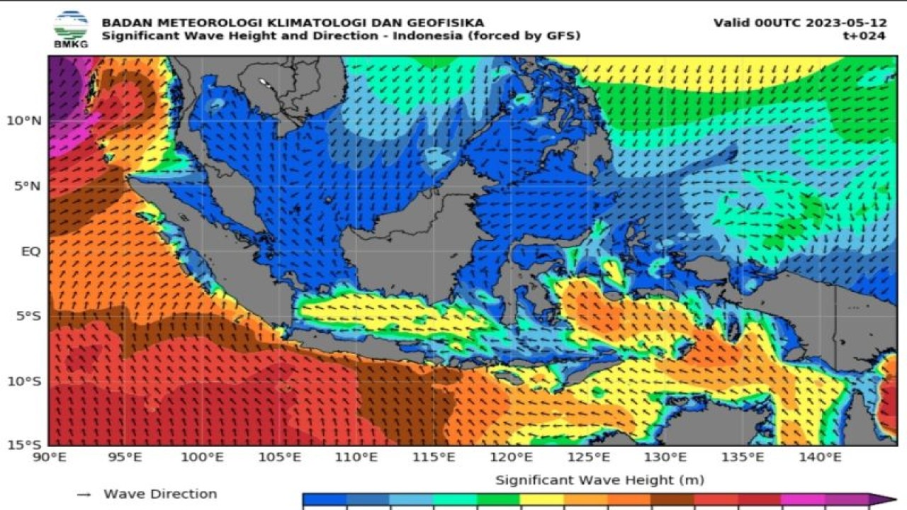 Tangkapan layar peta potensi gelombang tinggi yang dirilis Badan Meteorologi Klimatologi, dan Geofisika (BMKG) pada Jumat (12/5/2023). (ANTARA/HO-BMKG)