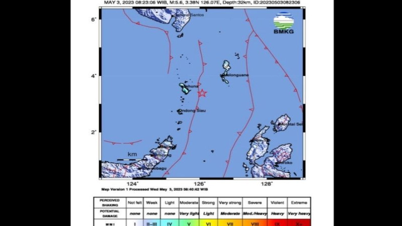 Peta pusat gempa dengan magnitudo 5,6 yang terjadi pada Rabu (3/5/2023) di wilayah pantai timur Kepulauan Sangihe, Sulawesi Utara. (BMKG)