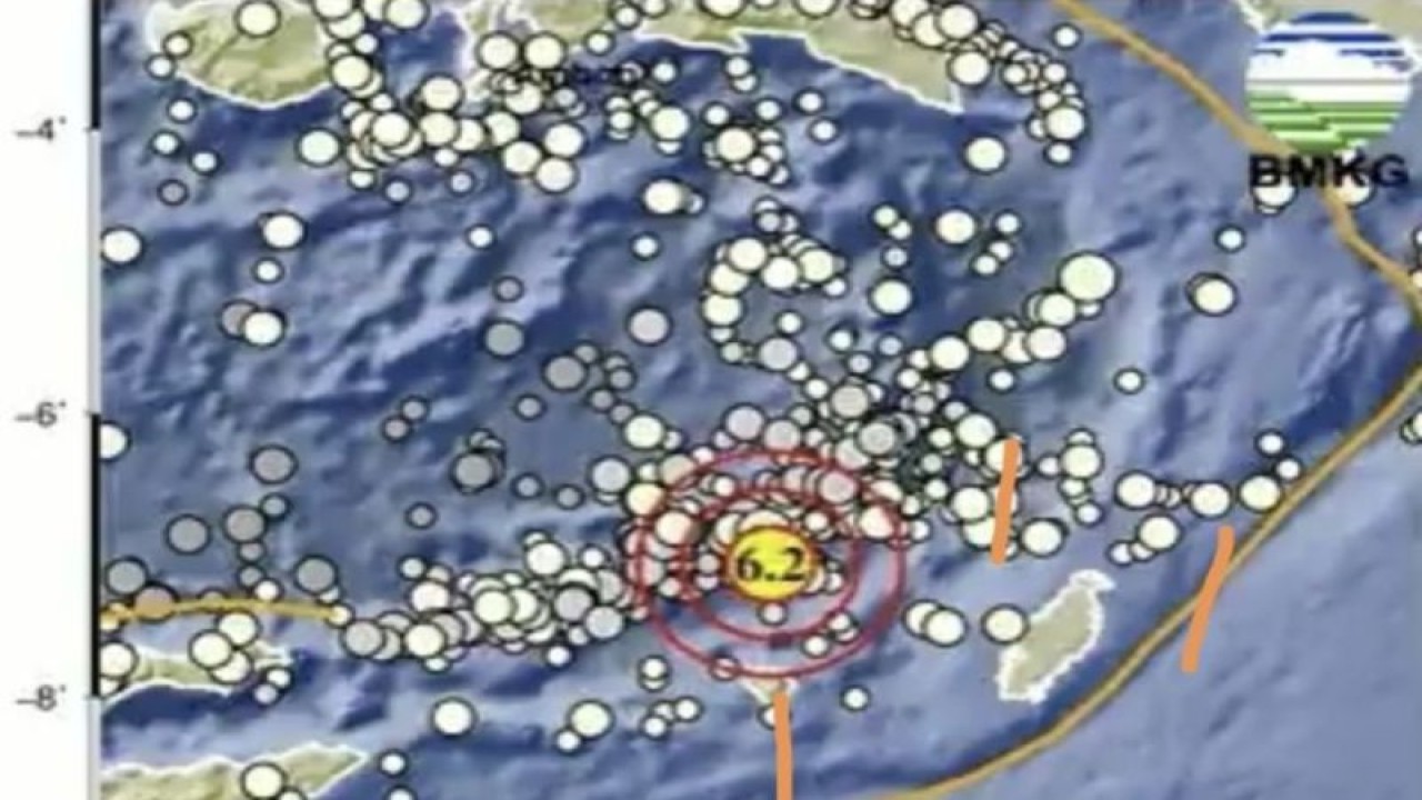 Gempa bumi yang mengguncang wilayah laut Saumlaki pada Rabu (24/5/2023). (ANTARA/HO-BMKG)