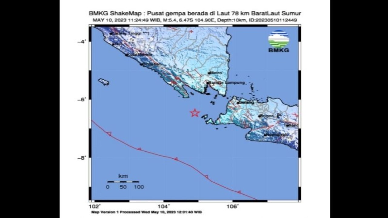 Tangkapan layar peta pusat gempa di wilayah Selat Sunda, Banten dengan magnitudo 5,4 pukul 11.24.49 WIB, Rabu (10/5/2023). ANTARA/HO-BMKG