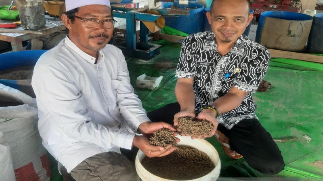 Ketua Pokdakan Harapan Jaya, Ibnu Abbas (kiri) bersama Kepala Bidang Perikanan Budidaya DKP Provinsi Kalbar, Erviyanto (kanan), menunjukkan pakan ikan produksi lokal. ANTARA/Dedi