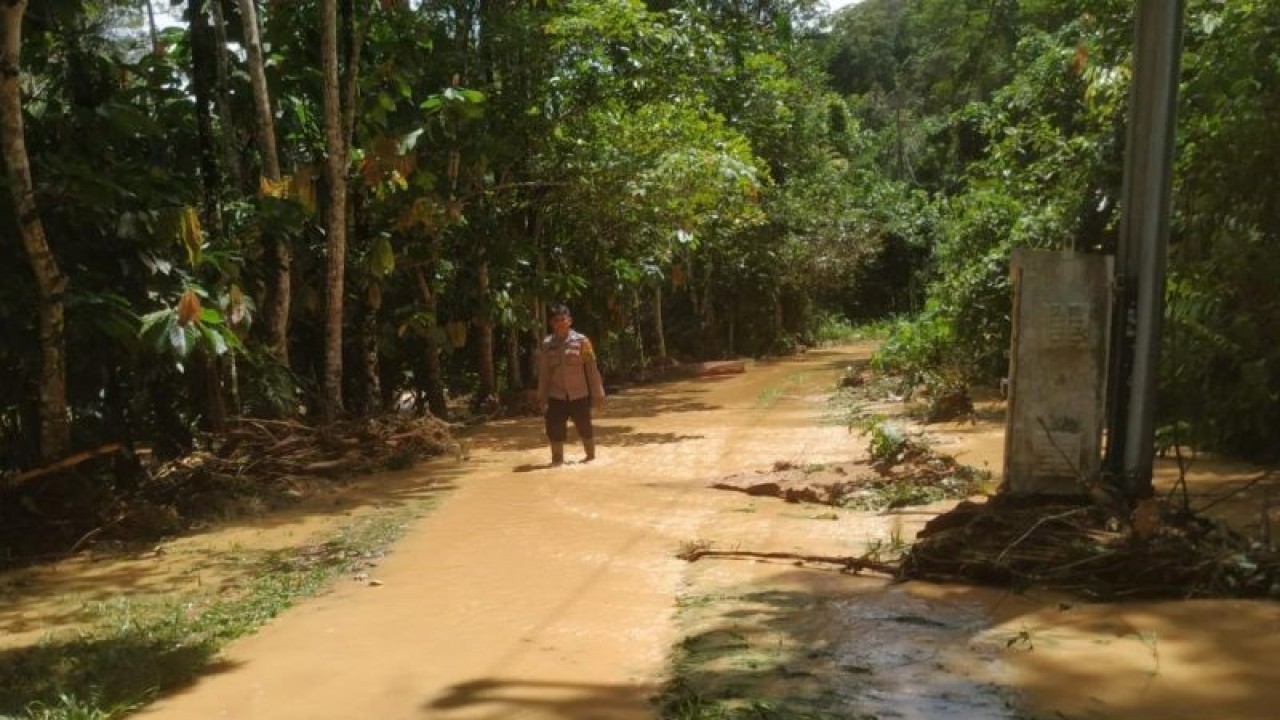 Salah seorang polisi tengah melihat kondisi jalan yang terdampak banjir bandang serta longsor di Nagarai Aia Luo, Kecamatan Payung Sekaki, Kabupaten Solok, Sumbar (ANTARA/HO-Humas Polres Solok)