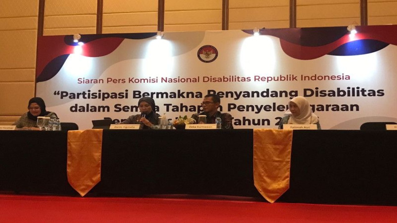 Konferensi pers Komisi Nasional Disabilitas Partisipasi Bermakna Penyandang Disabilitas dalam Semua Tahapan Penyelenggaraan Pemilihan Umum Tahun 2024” di Jakarta, Senin (8/5/2023). (ANTARA/Devi Nindy)