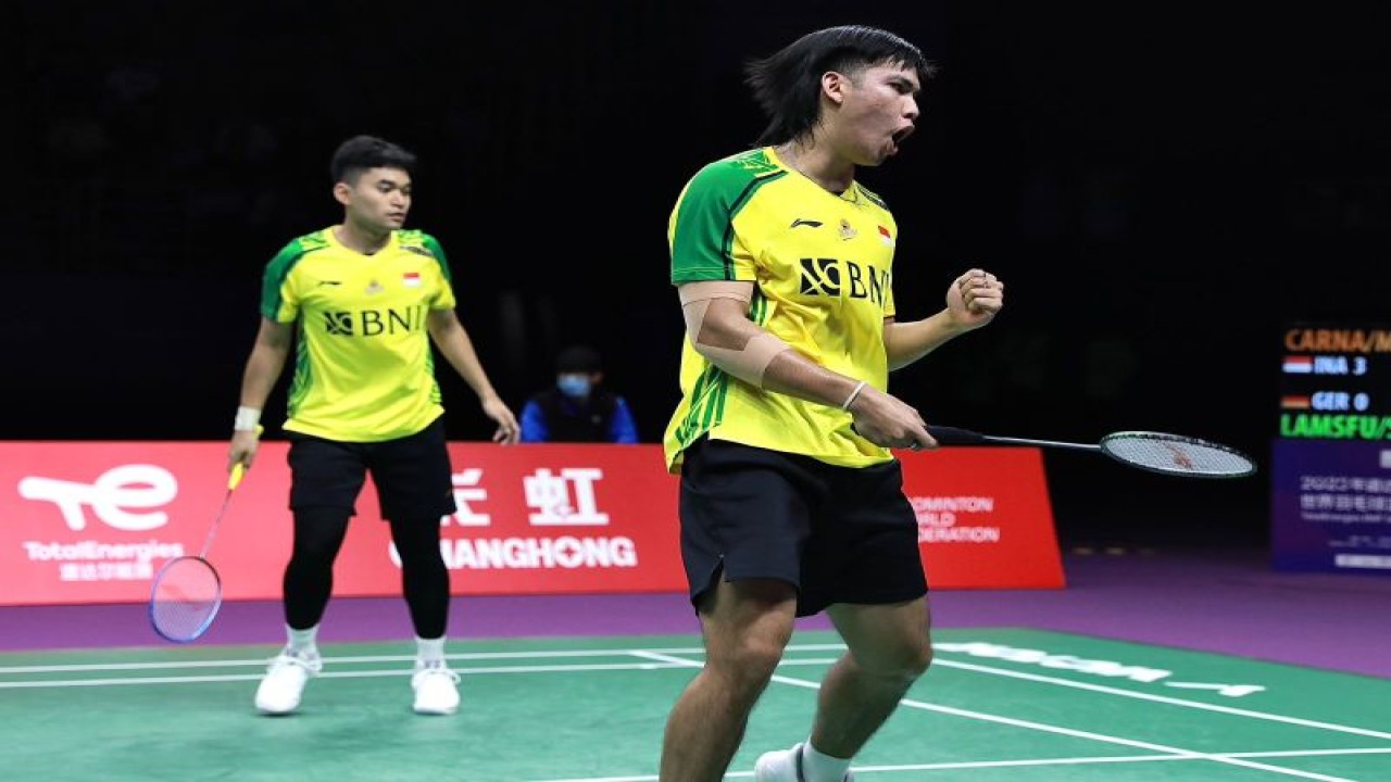 Ganda putra Leo Rolly Carnando/Daniel Marthin kalah di tangan wakil Jerman Mark Lamsfuss/Marvin Seidel pada partai keempat, babak penyisihan Grup B Piala Sudirman 2023 di Suzhou, China, Selasa. (ANTARA/HO-PP PBSI)
