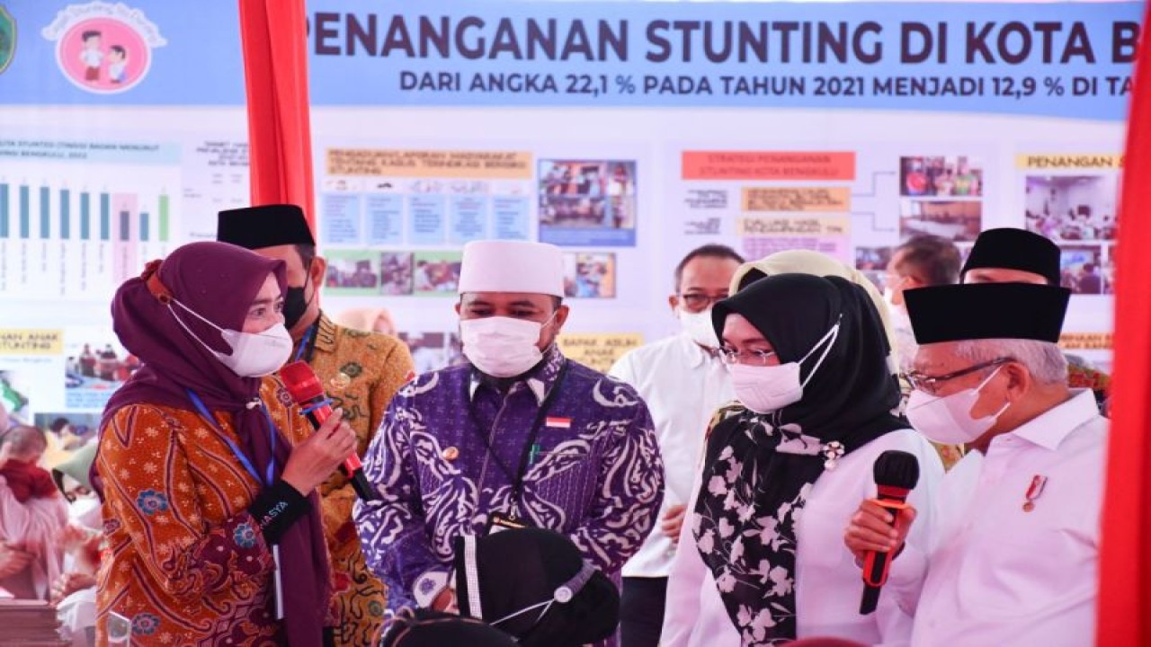 Wakil Presiden Ma'ruf Amin didampingi Wali Kota Bengkulu Helmi Hasan dan Wakil Wali Kota Bengkulu Dedy Wahyudi meninjau kegiatan Posyandu Rukun, Kelurahan Lingkar Barat, Kecamatan Gading Cempaka, di Bengkulu, Kamis. (ANTARA/HO-Media Center Kota Bengkulu)