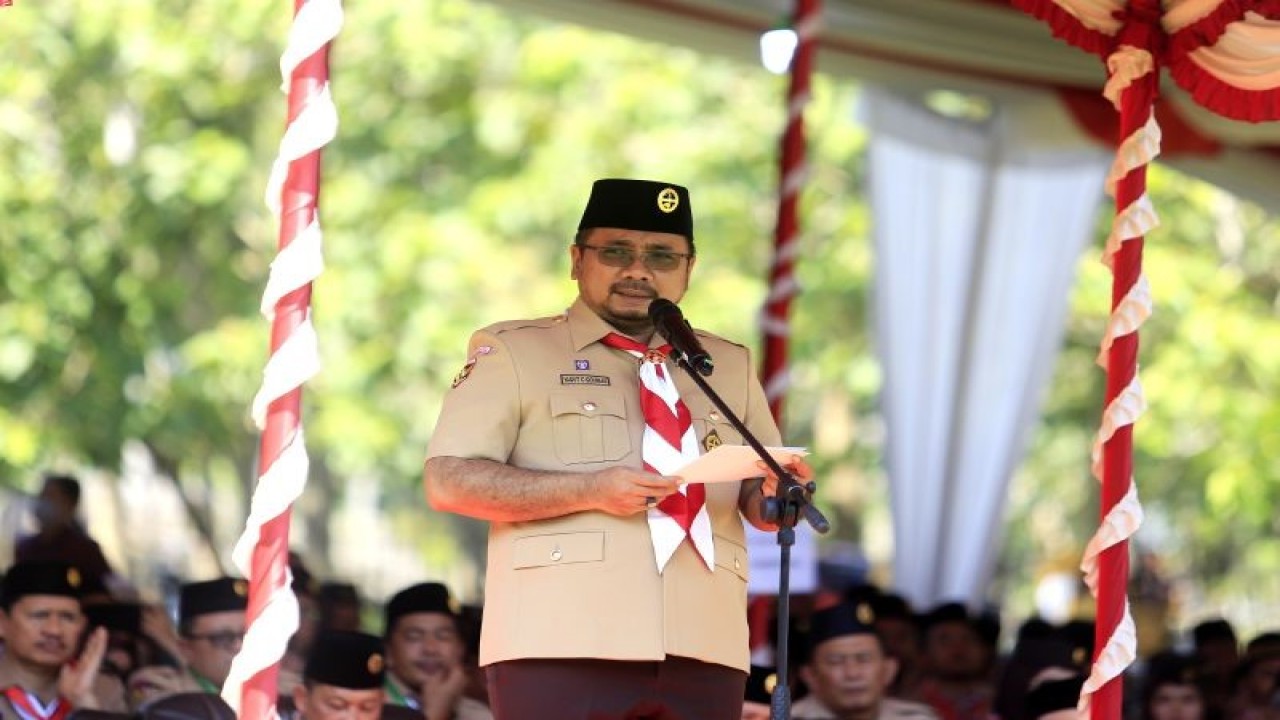 Menteri Agama Yaqut Cholil Qoumas memberikan sambutan pada pembukaan Perkemahan Wirakarya Nasional Perguruan Tinggi Keagamaan (PWN PTK) XVI di Kampus IAIN Sultan Amai, Kabupaten Gorontalo, Gorontalo, Senin (22/5/2023). ANTARA/Adiwinata Solihin