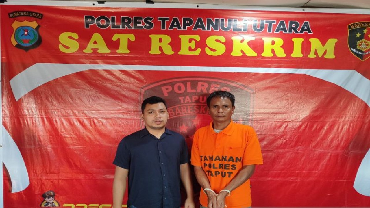 Seorang tersangka OM (kanan), pembegal payudara seorang ibu muda di dalam mobil angkutan umum, ditahan di Polres Tapanuli Utara. ANTARA/HO-Humas Polres Taput