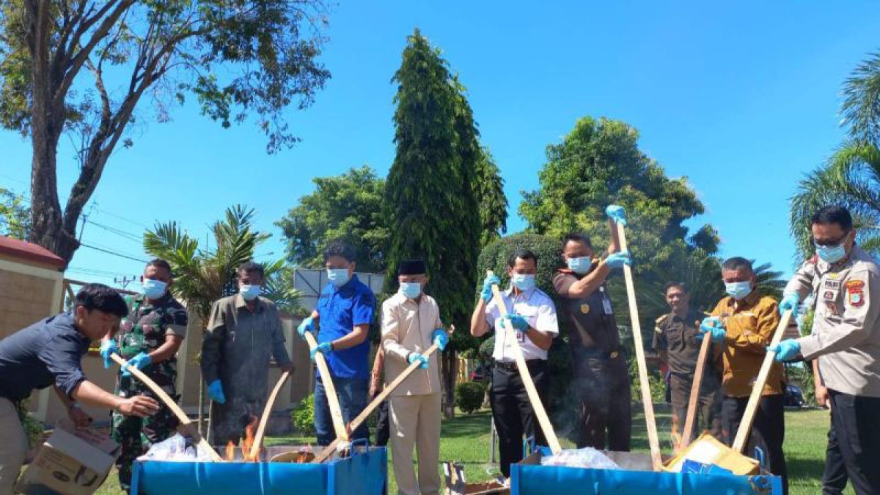 Kepala Kejaksaan Negeri Palu, Muhammad Irwan (ketiga kanan) bersama Wali Kota Palu Hadianyo Rasyid (kedua kanan) dan forkopimda memusnahkan barang bukti dengan cara dibakar dari 52 perkara yang ditangani Kejari Palu, Kamis (11/5/2023). ANTARA/Kristina Natalia