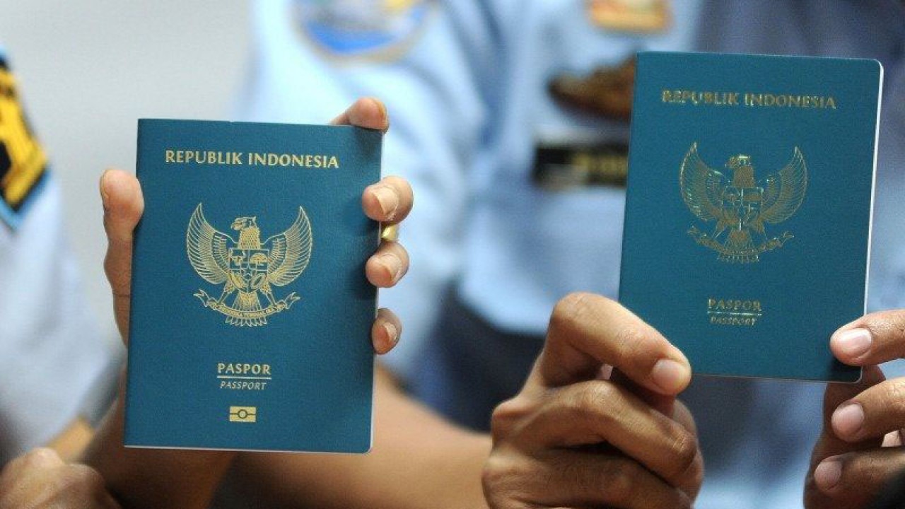 Petugas menunjukkan perbedaan Paspor Elektronik atau e-passport (kiri) dengan paspor biasa saat penerbitan Paspor Elektronik perdana di Kantor Imigrasi Kelas I Khusus Ngurah Rai, Badung, Bali, Rabu (20/11/2019). (ANTARA FOTO/Fikri Yusuf)