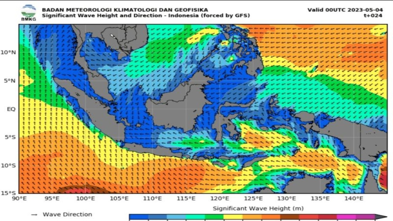 Peta potensi gelombang tinggi yang dirilis Badan Meteorologi Klimatologi, dan Geofisika (BMKG) pada Kamis (4/5/2023). (ANTARA/HO-BMKG)