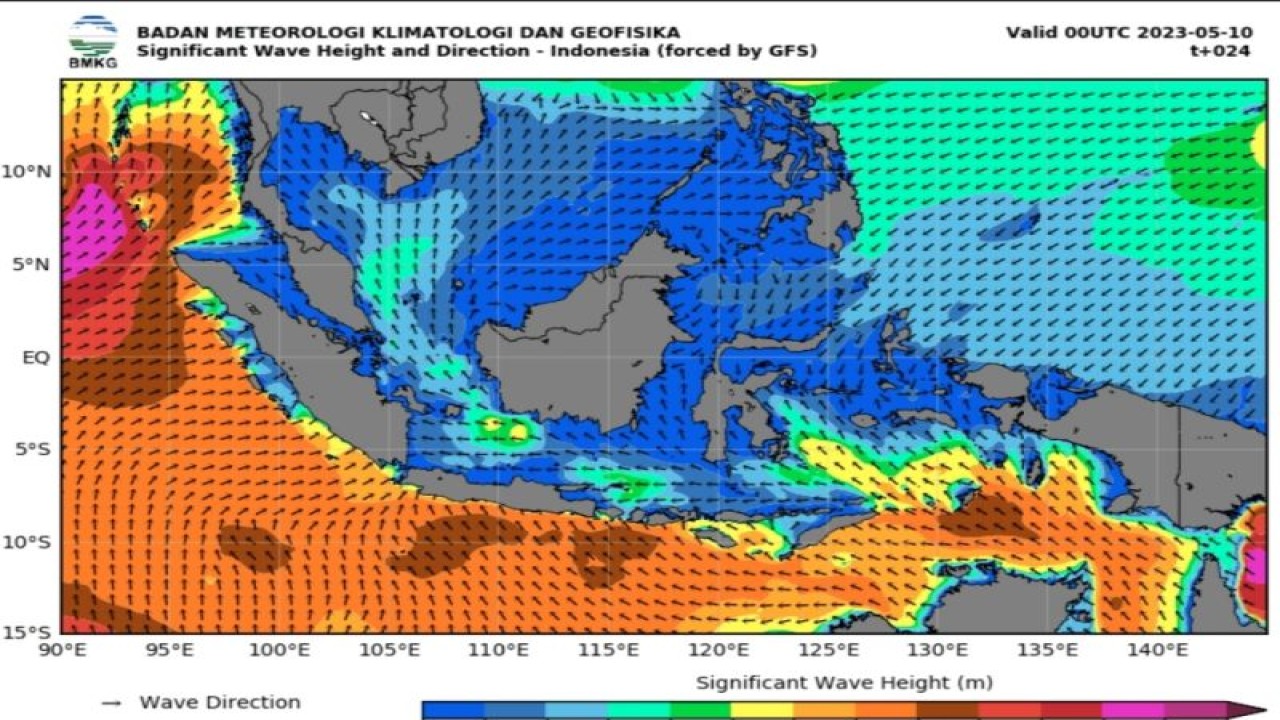 Peta potensi gelombang tinggi yang dirilis Badan Meteorologi Klimatologi, dan Geofisika (BMKG) pada Rabu (10/5/2023). (ANTARA/HO-BMKG)