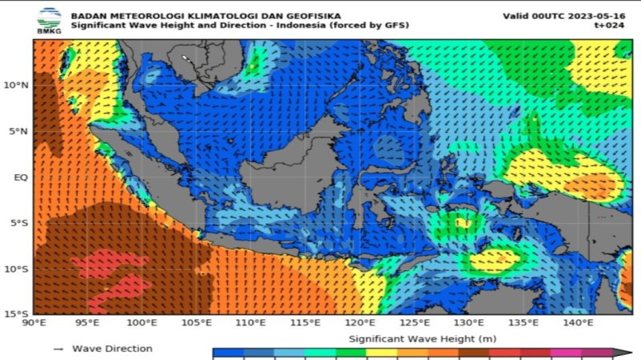 Peta potensi gelombang tinggi yang dirilis Badan Meteorologi Klimatologi, dan Geofisika (BMKG) pada Selasa (16/5/2023). (ANTARA/HO-BMKG)