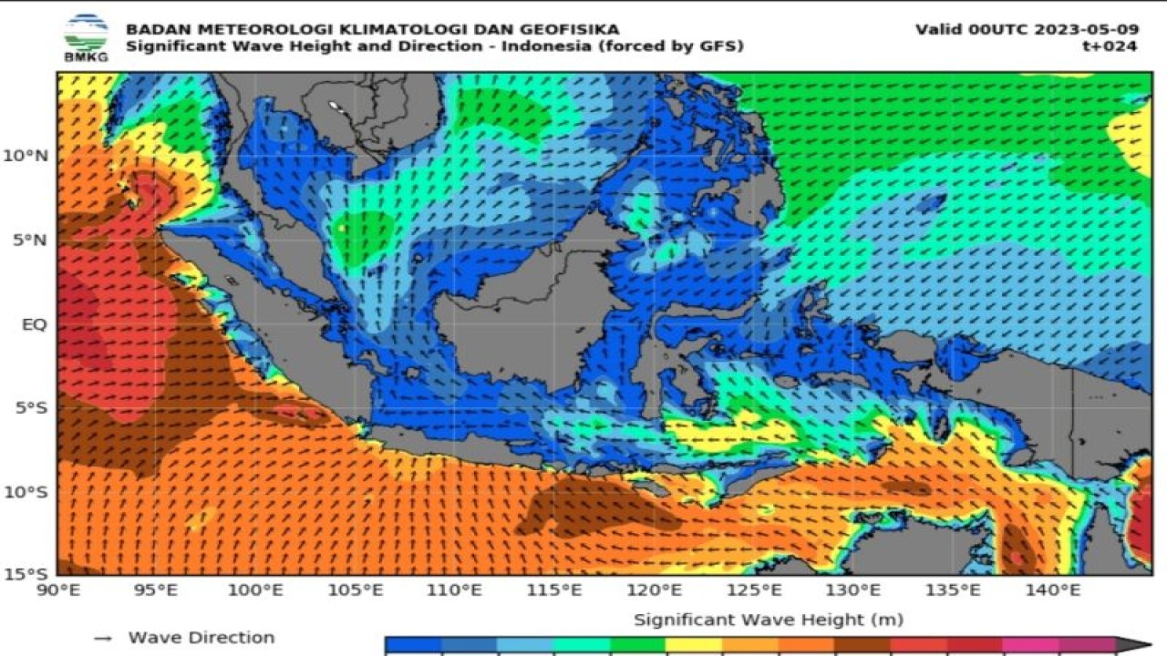 Peta potensi gelombang tinggi yang dirilis BMKG, Selasa (9/5/2023). (ANTARA/HO-BMKG)
