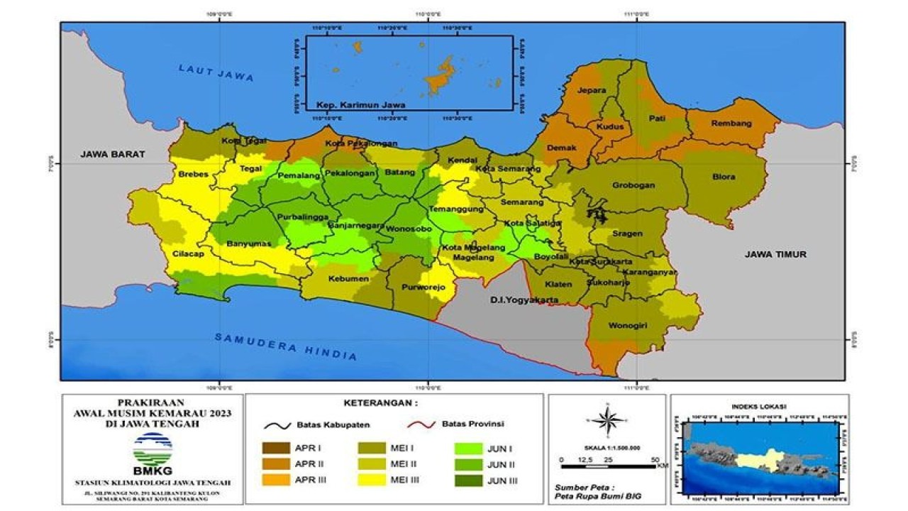 Peta prakiraan awal musim kemarau 2023 di Jawa Tengah. ANTARA/HO-BMKG