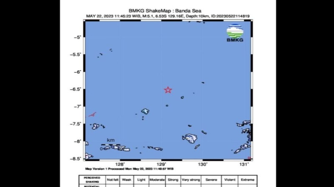Peta pusat gempa berlokasi di laut magnitudo 5,1 di Laut Banda, Maluku pukul 11.45 WIB, Senin (22/5/2023). (ANTARA/HO-BMKG)