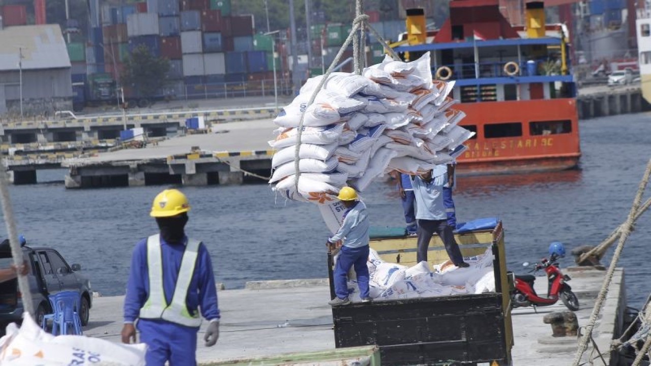Aktivitas bongkar muat beras impor asal Vietnam di Pelabuhan Multiguna, Tenau Kupang,NTT, Sabtu (20/5/2023). ANTARA FOTO/Kornelis Kaha.