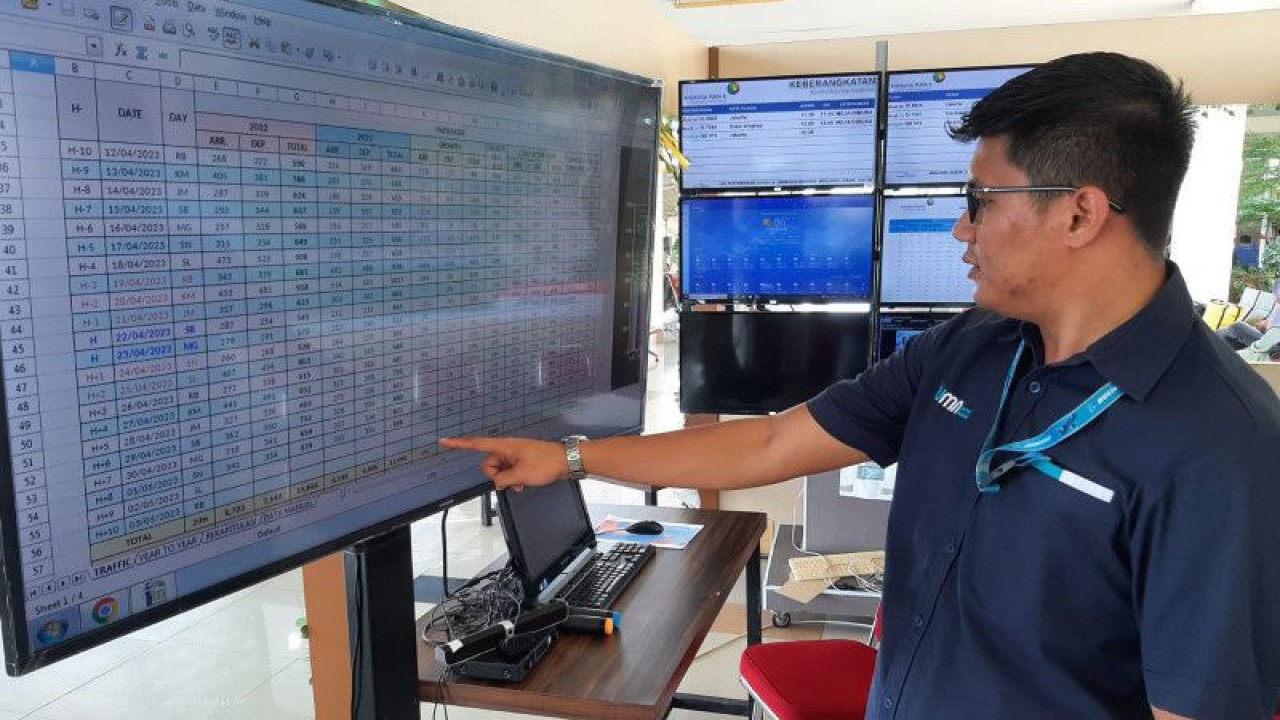 Kepala Operasional dan Pelayanan Bandara RHF Tanjungpinang, Rudi Sudrajad menunjukkan data penumpang pada mudik Idul Fitri 2023, Selasa (2/5/2023). (Ogen)