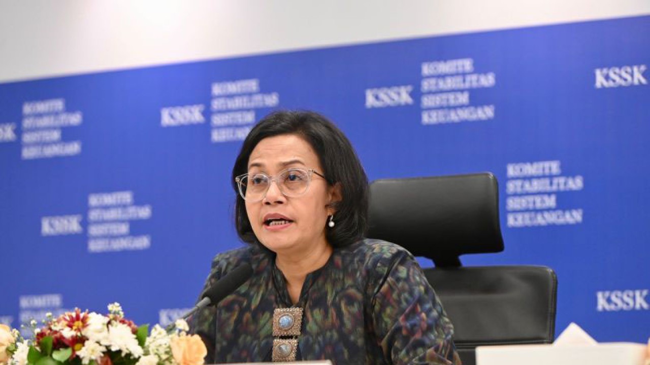 Menteri Keuangan (Menkeu) Sri Mulyani dalam Konferensi Pers Hasil Rapat Berkala KSSK II Tahun 2023 di Jakarta, Senin (08/05/2023). (ANTARA/HO-Kementerian Keuangan)