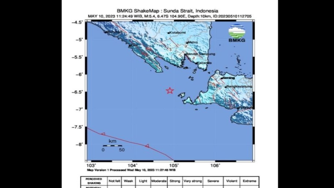 Tangkapan layar peta pusat gempa di wilayah barat laut Sumur, Banten, Rabu (10/5/2203). (ANTARA/HO-BMKG)