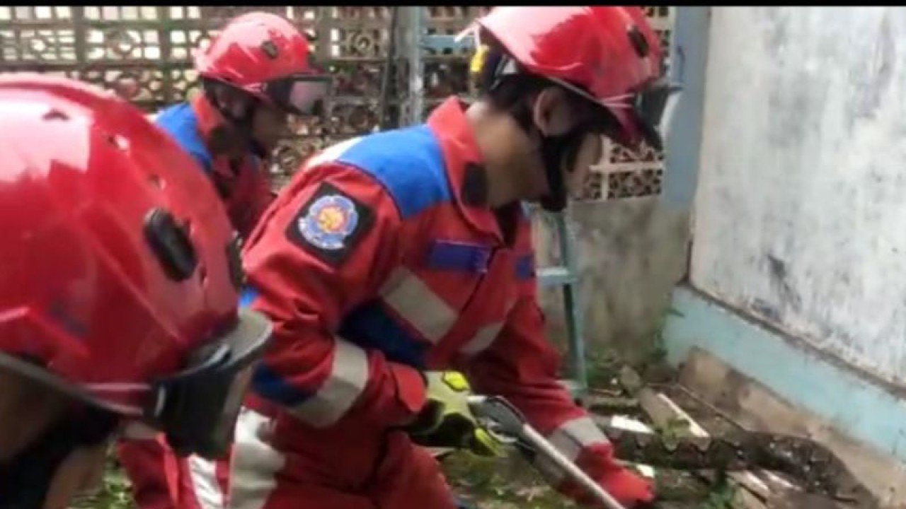 Petugas Suku Dinas Penanggulangan Kebakaran dan Penyelamatan (Gulkarmat) Jaktim tengah mengevakuasi ular Sanca sepanjang 6 meter di rumah warga di Kelurahan Susukan, Kecamatan Ciracas, Jakarta Timur, Senin (8/5/2023). ANTARA/HO-Sudin Gulkarmat Jakarta Timur
