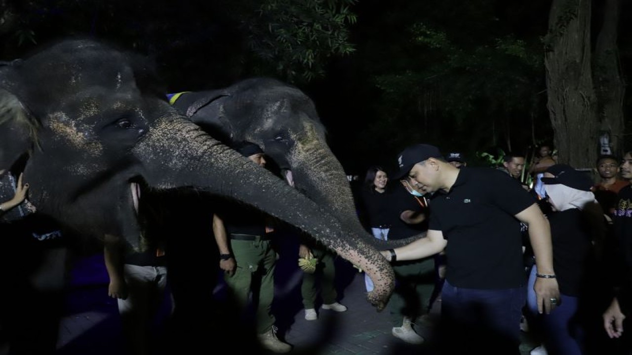 Wali Kota Surabaya Eri Cahyadi bersama istri dan kedua anaknya saat menghadiri uji coba operasional "Surabaya Night Zoo" di KBS pada Minggu (22/5/2023) malam.  (ANTARA/HO-Diskominfo Surabaya)