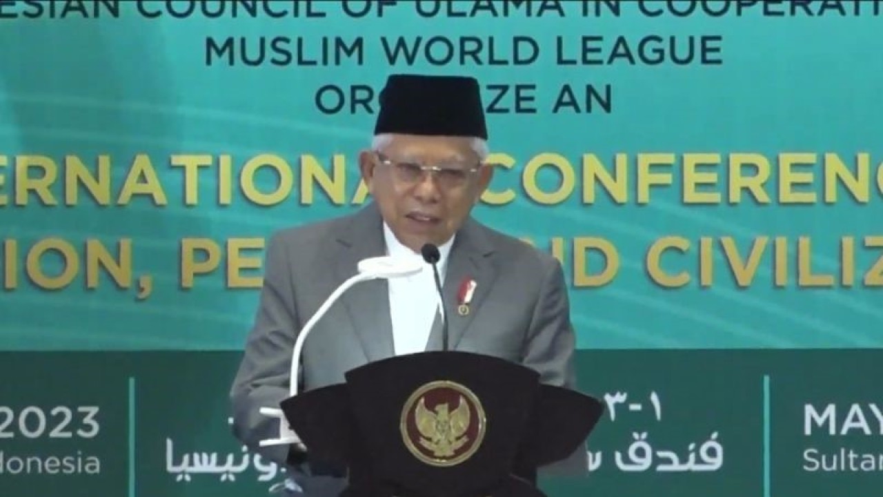 Tangkapan layar Youtube Wakil Presiden RI, Wakil Presiden Ma’ruf Amin memberikan sambutan pada acara Konferensi Internasional tentang Agama, Perdamaian dan Peradaban Tahun 2023 di Jakarta, Senin (22/5/2023). ANTARA/Rangga Pandu Asmara Jingga