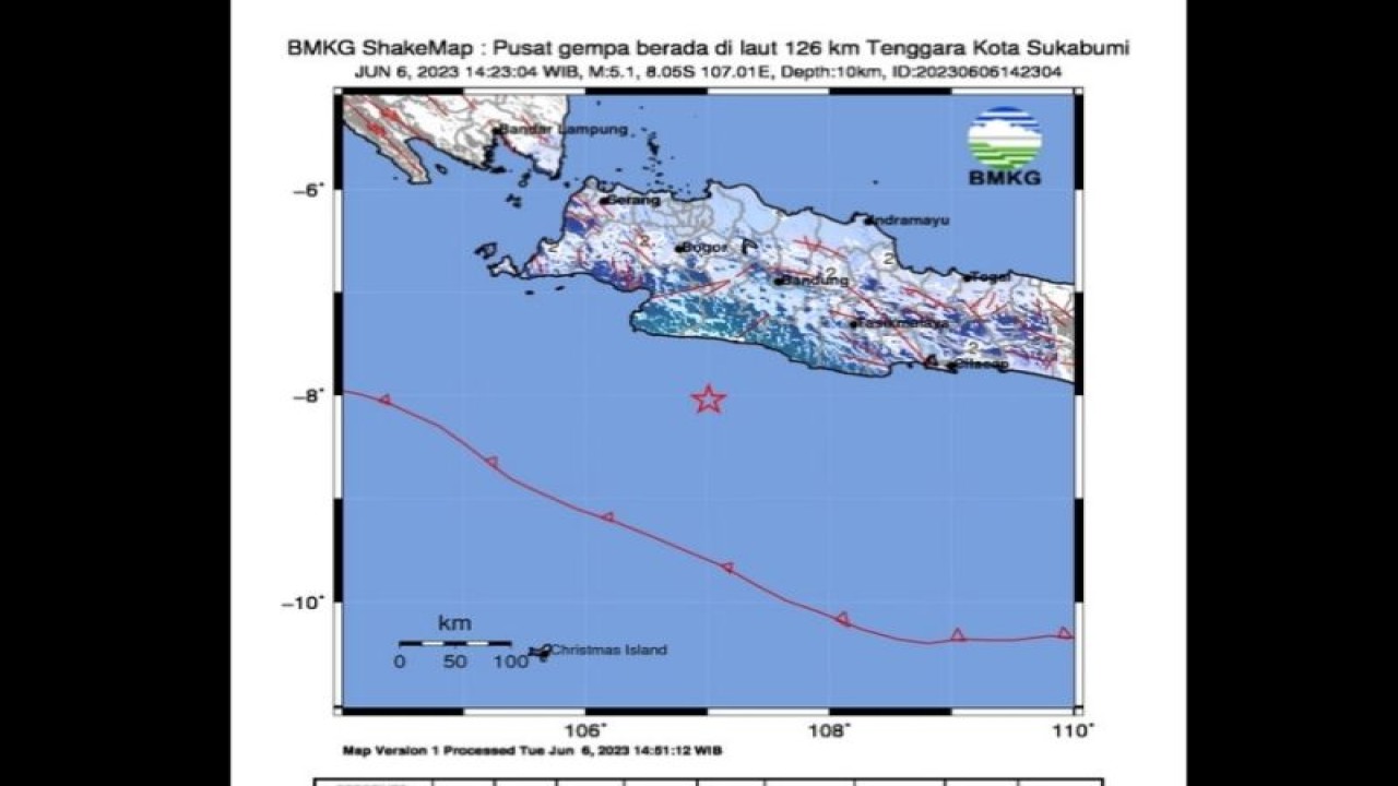 Peta pusat gempa berlokasi di laut magnitudo 5,1 pada jarak 111 km tenggara Kota Sukabumi, Jawa Barat, Selasa (6/6/2023). (ANTARA/HO-BMKG)