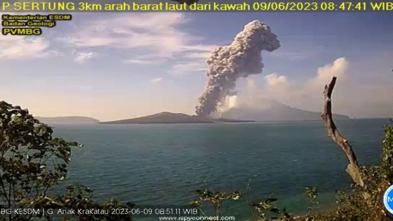 PVMBG merekam aktivitas erupsi berupa semburan abu setinggi tiga kilometer yang keluar dari kawah Gunung Anak Krakatau di Lampung Selatan, Provinsi Lampung, Jumat (9/6/2023). (ANTARA/HO-PVMBG)