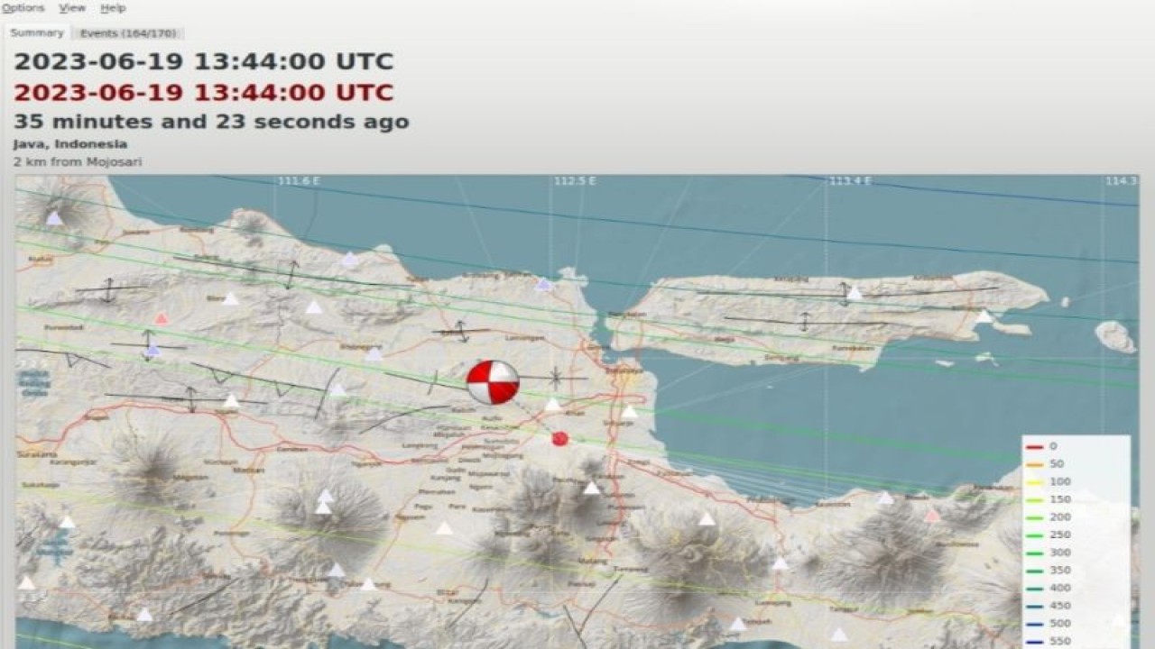 Peta pusat gempa berlokasi di darat di wilayah Mojokerto, Jawa Timur, Senin (19/6/2023). (ANTARA/HO-BMKG)