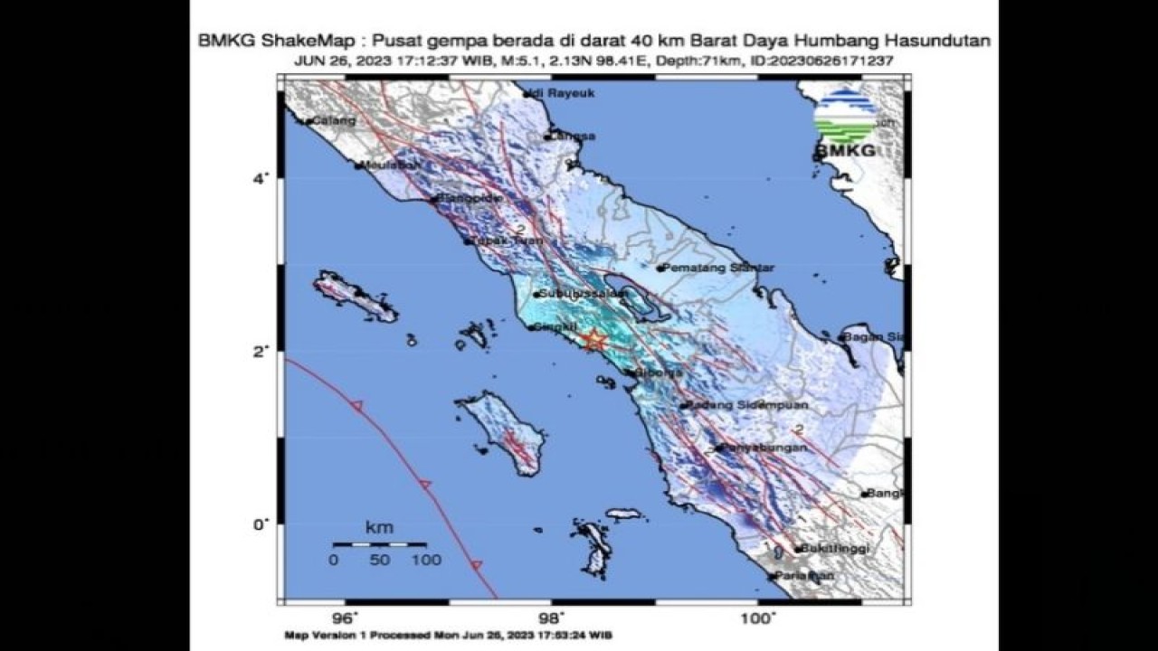 Peta pusat gempa berlokasi di darat magnitudo 5,1 di wilayah barat daya Kabupaten Humbang Hasundutan, Sumatera Utara, Senin (26/6/2023). (ANTARA/HO-BMKG)