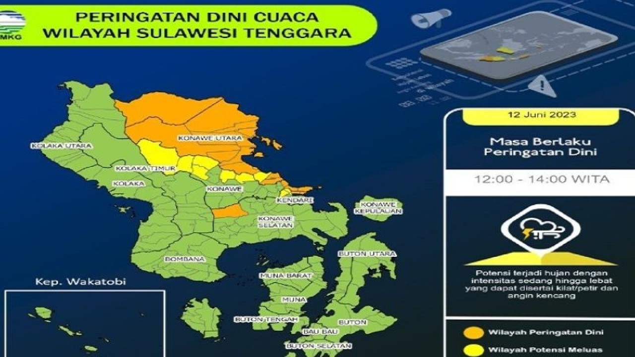 BMKG Kendari menyebutkan wilayah Sulawesi Tenggara masih diguyur hujan dengan intensitas ringan, sedang hingga lebat, sehingga warga tetap waspada genangan air yang bisa terjadi banjir. (ANTARA/HO-BMKG Kendari)